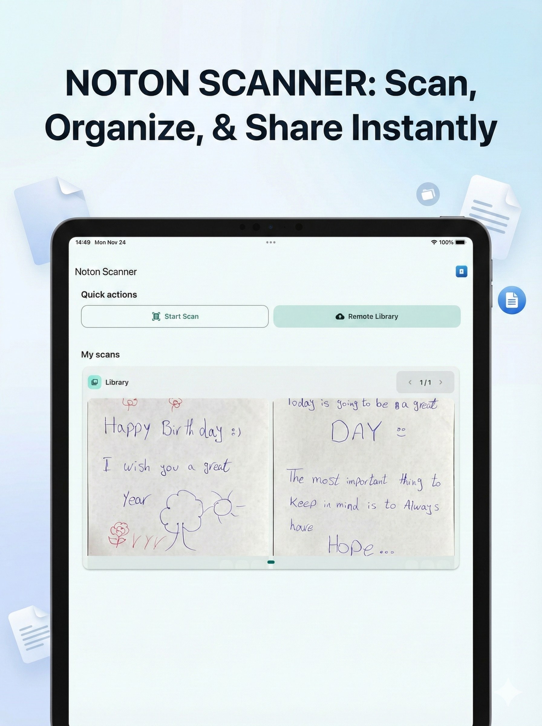 Noton Scanner iPad - Main home screen with Quick actions