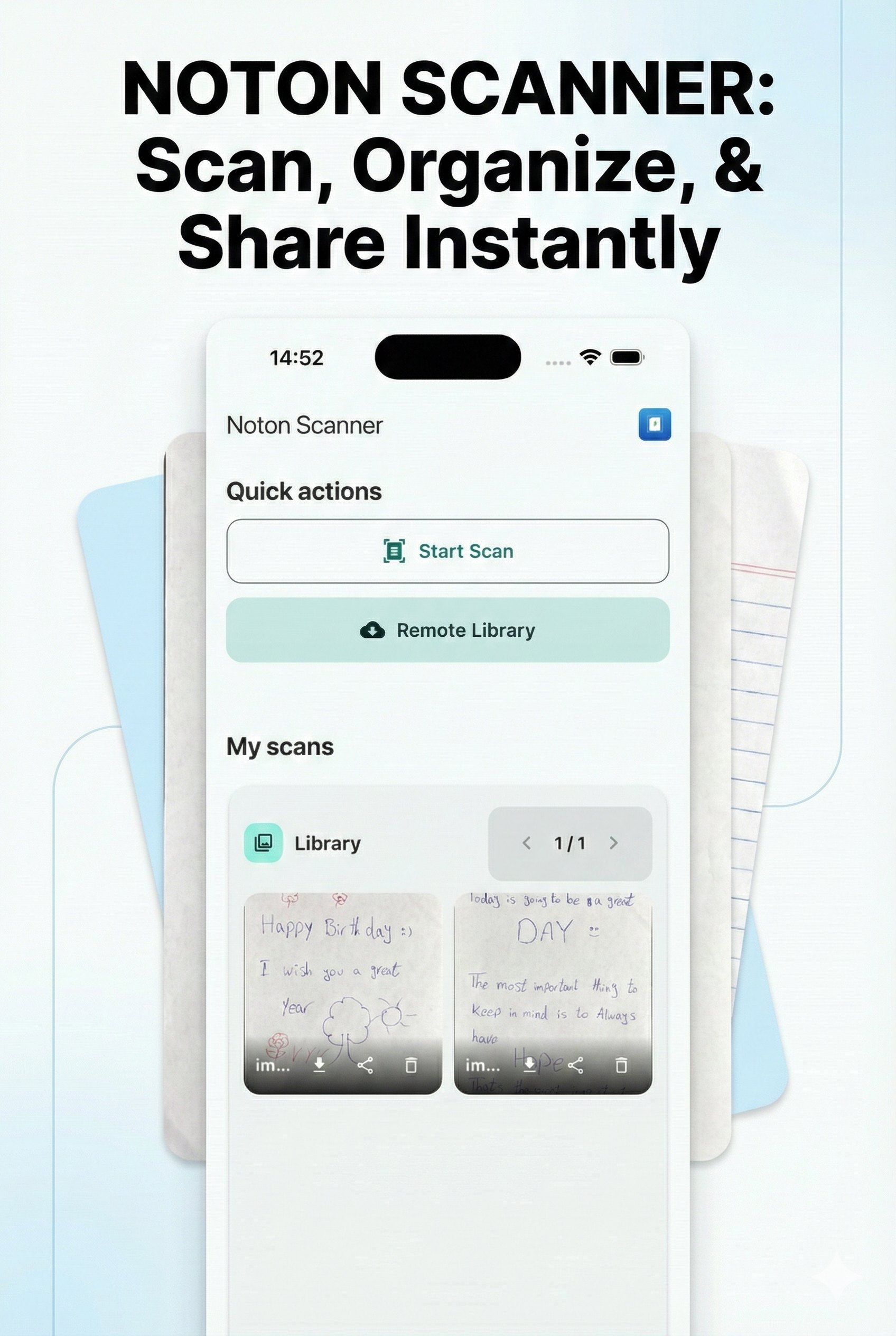 Noton Scanner iPhone - Main home screen with Quick actions